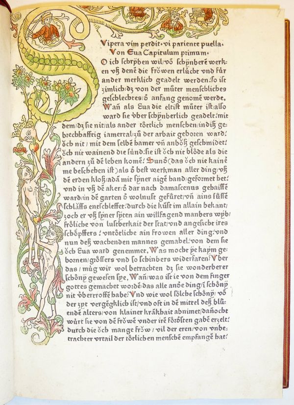 Floriated, inhabited and historiated woodcut border with an initial S formed by the body of the serpent tempting Adam and Eve