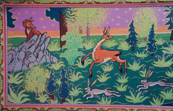 Fox hiding in the rocky outcropping watching the Ibex frolicking in the forest with jack rabbits, magical trees, stars at night, painting by Linda Lane, private collection, Anchorage, Alaska, USA
