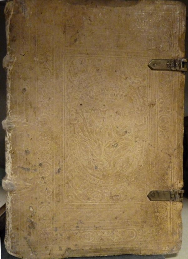 Full blind-tooled pig binding with central panel with figures of Faith and Hope