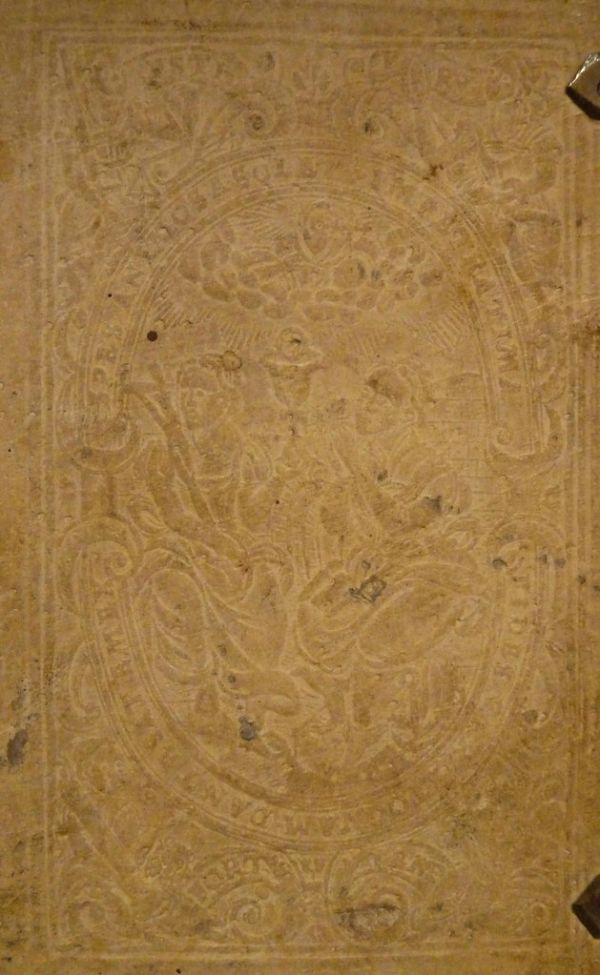Full blind-tooled pig binding with central panel with figures of Faith and Hope