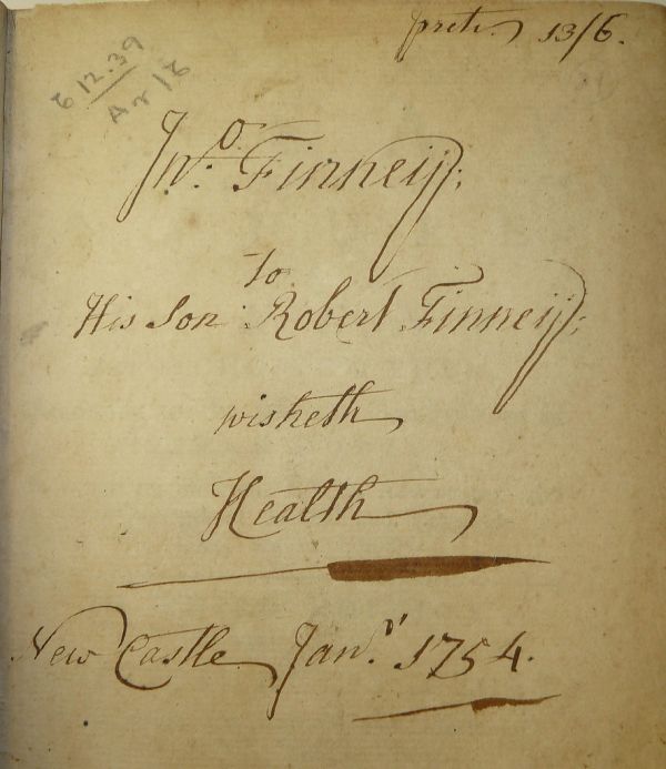Gift inscription dated 1754 from Dr. John Finney to his son, Robert Finney