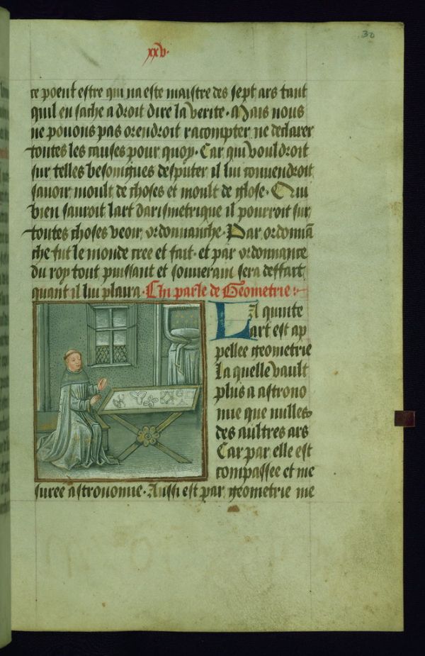 Gossouin of Metz, Image du Monde, Cleric seated at table set with compass, dividers, and geometric shapes, Walters Manuscript W.199, fol. 30r