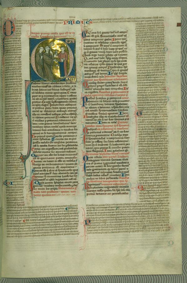 Gratian's Decretum, Historiated initial 'Q' of simony, with a father paying an abbot for his son's education, Walters Manuscript W.133, fol. 87r