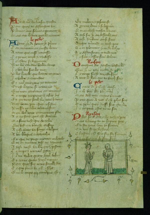 Guillaume de Digulleville's Le pèlerinage de la vie humaine, Reason facing Pilgrim, Walters Manuscript W.141, fol. 45r