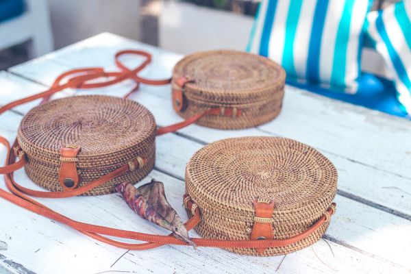 Handmade natural organic rattan handbag. Tropical island of Bali. Eco-bag concept. Ecobags from Bali.