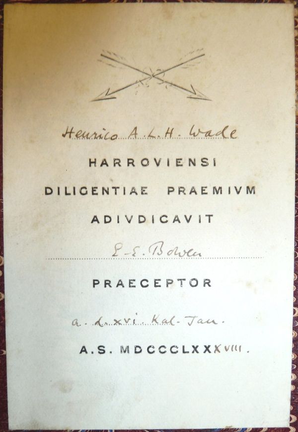 Harrow School prize certificate awarded to Harry Amyas Leigh Herschel Wade (1873-1959) by Edward E. Bowen in 1888