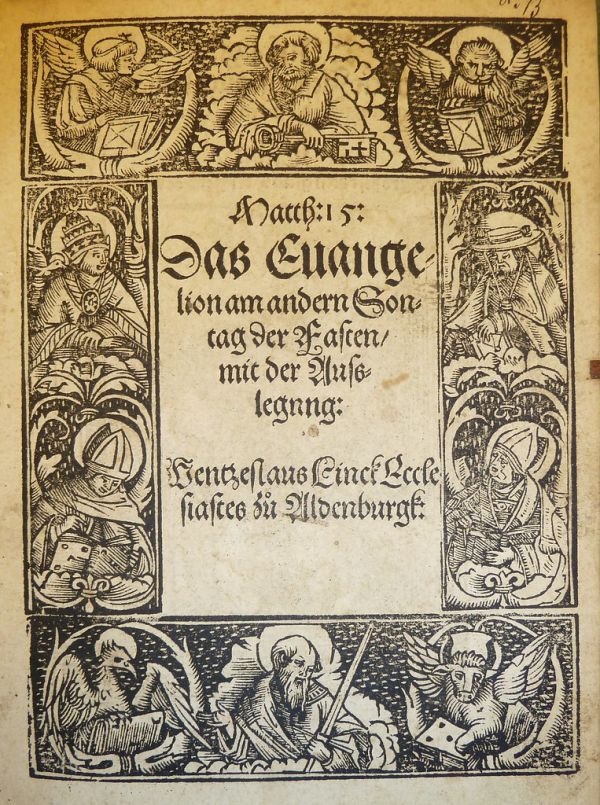 Historiated woodcut title border used by Johann Schönsperger of Zwickau