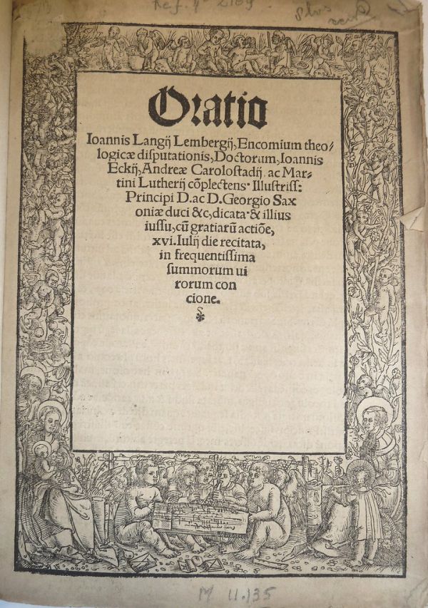 Historiated woodcut title border with the St. Joseph, the Virgin Mary and Infant Jesus at bottom left and St. Elizabeth and St. John the Baptist at bottom right, with a small musical ensemble of putti...