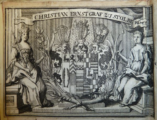 Illustrated armorial bookplate of Christian Ernst, Graf zu Stolberg-Wernigerode (1691-1771).