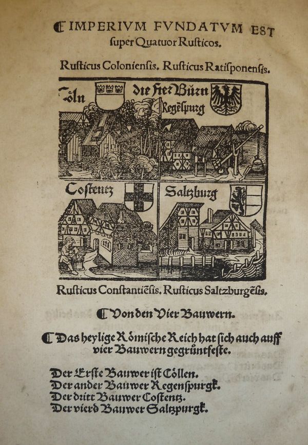 Illustration of four towns (Bauern) of the Holy Roman Empire (from left: Cologne, Regensburg, Konstanz, and Salzburg) with their insignia, used by Peter Jordan of Mainz