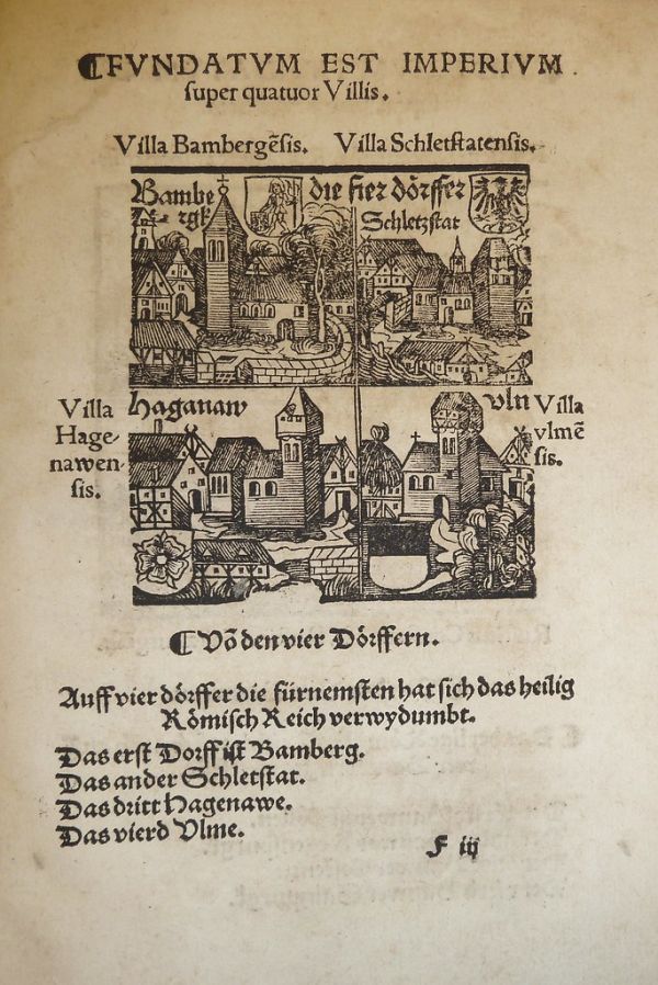 Illustration of four towns of the Holy Roman Empire (clockwise from top left: Bamberg, Sélestat, Ulm, Haguenau) with their insignia, used by Peter Jordan of Mainz