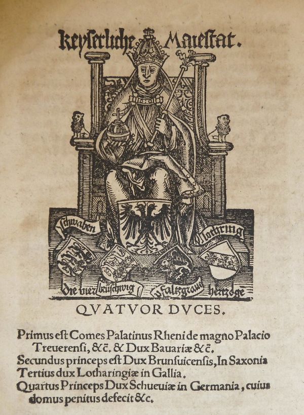 Illustration of the Holy Roman Emperor with the insignia of the Habsburgs and of four dukedoms (from left: Schwaben [or Swabia], Pfalzgrafschaft bei Rhein [or Palatinate], Braunschweig, Lorraine [or L...
