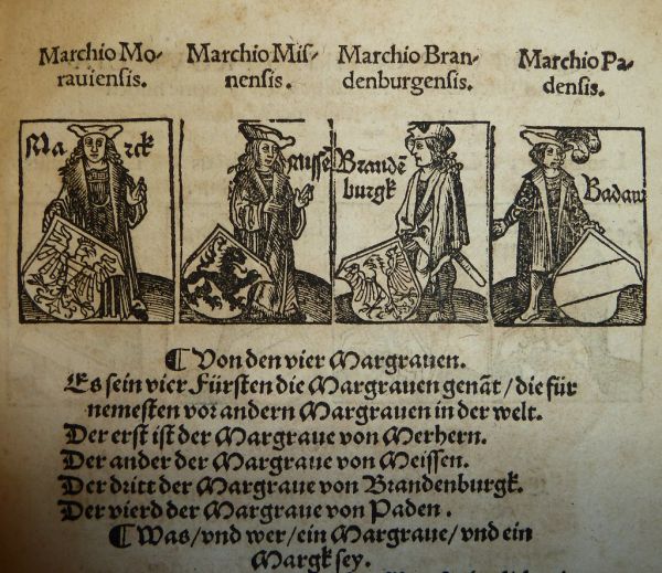 Illustrations of 4 margraves of the Holy Roman Empire and their insignia (from left: Margrave of Moravia, Margrave of Meissen, Margrave of Brandenburg, and Margrave of Baden) used by Peter Jordan of M...