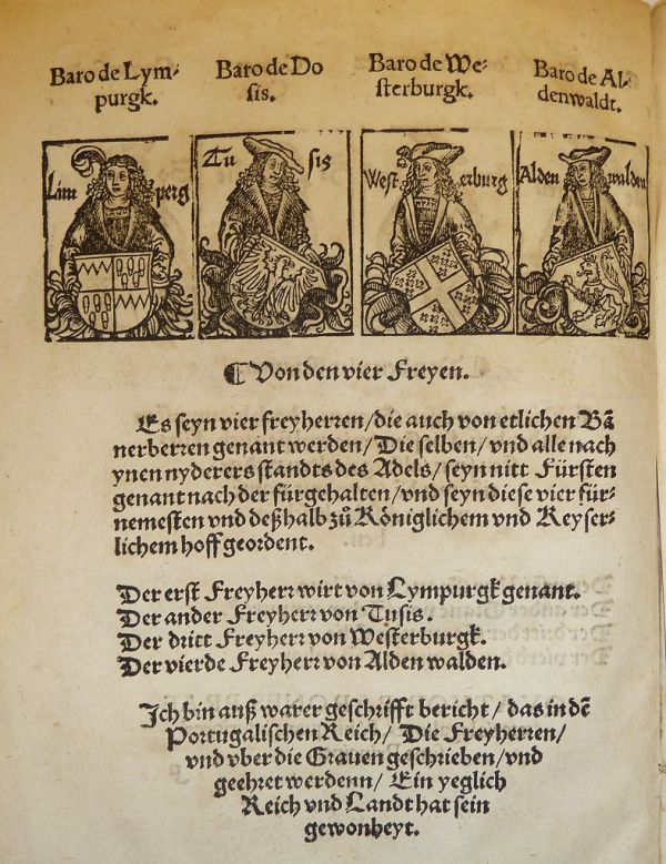 Illustrations of four barons of the Holy Roman Empire (from left: Freiherr von Limpurg, Freiherr von Thusis[?], Freiherr von Westerburg, Freiherr von Alwalden[?]) and their insignia, used by Peter Jor...