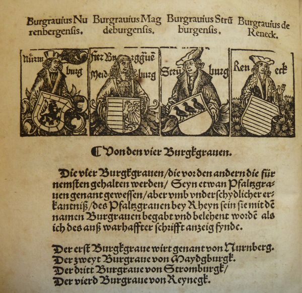 Illustrations of four burgraves of the Holy Roman Empire (from left: Burggraf von Nürnberg, Burggraf von Magdeburg, Ritter von Stromberg, and Burggraf von Rieneck[?]) and their insignia, used by Peter...
