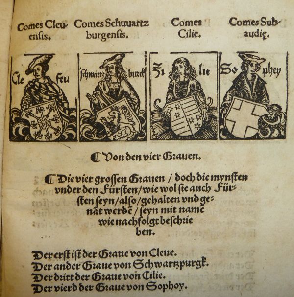 Illustrations of four counts of the Holy Roman Empire (from left: Graf von Cleve, Graf von Schwarzburg, Graf von Cilli, Graf von Savoyen) with their insignia, used by Peter Jordan of Mainz
