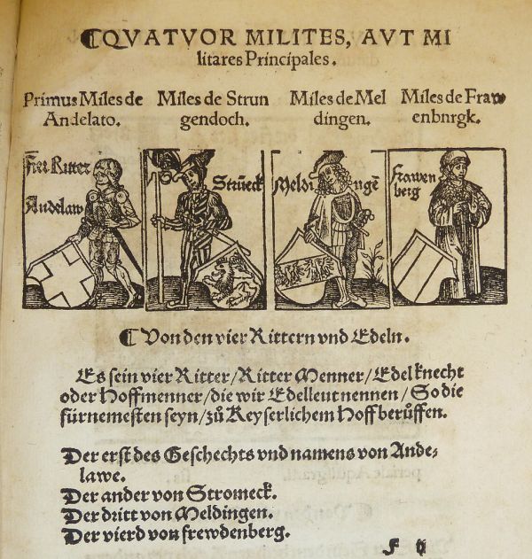Illustrations of four knights of the Holy Roman Empire (from left: Ritter von Andlau, Ritter von Strandeck, Ritter von Meldingen, Ritter von Frauenberg) with their insignia, used by Peter Jordan of Ma...