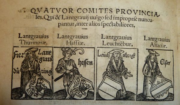 Illustrations of four Landgraves of the Holy Roman Empire (from left: Landgraf von Thuringia, Landgraf von Hesse, Landgraf von Leuchtenburg, and Landgraf von Elsass) and their insignia, used by Peter...
