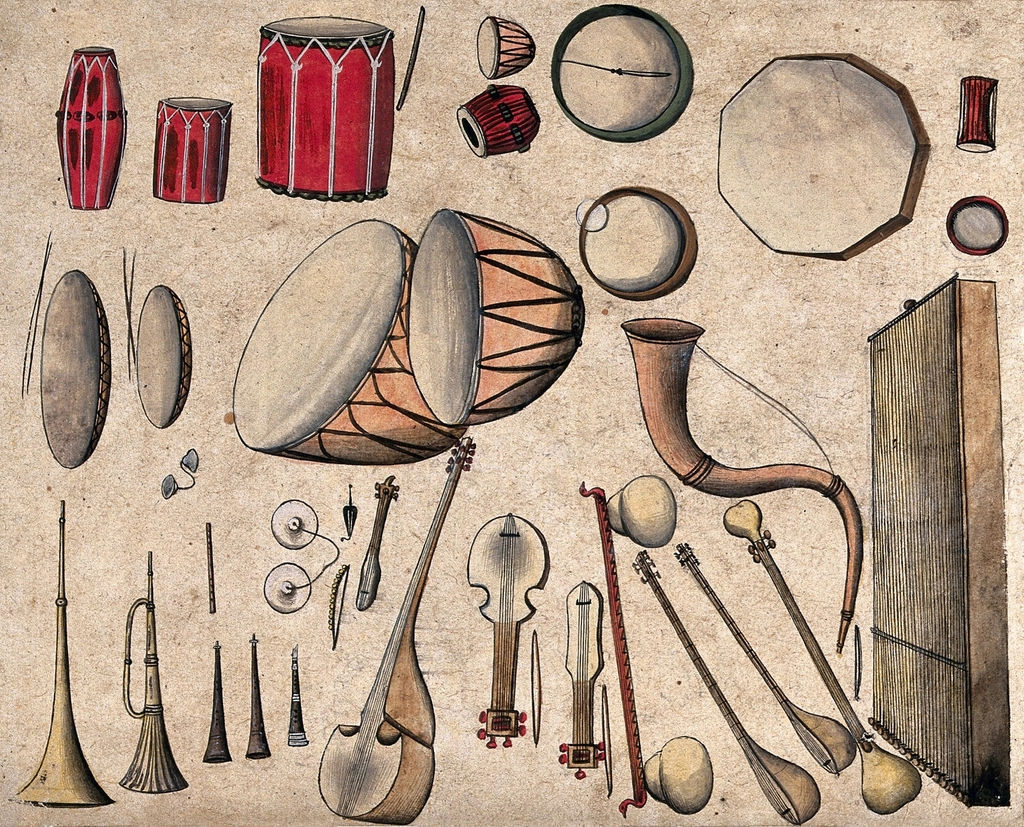 Indian musical instruments. Gouache painting
