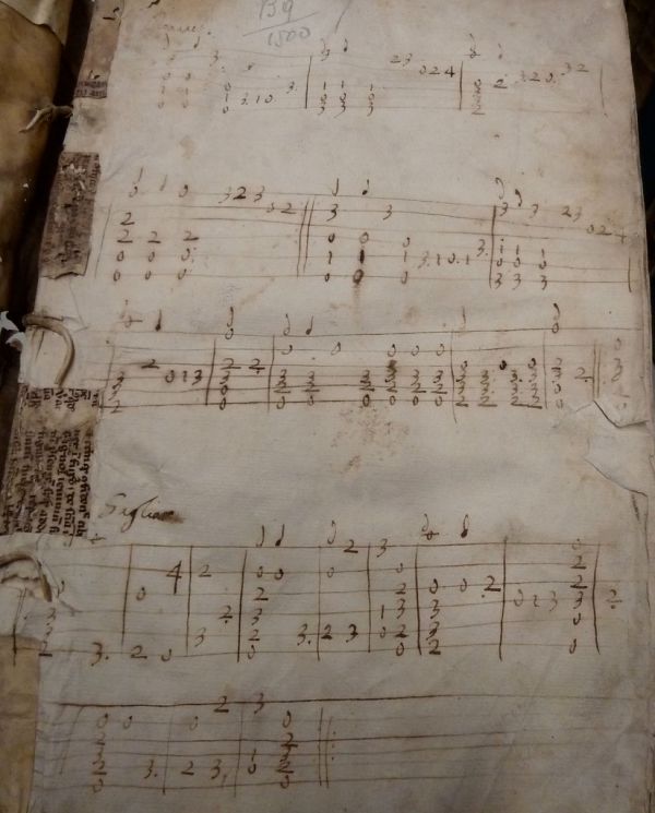 Italian lute tablature for two dances ('Romanes[ca?]' and 'Gaglia[rda?]') to be played on an instrument in six courses