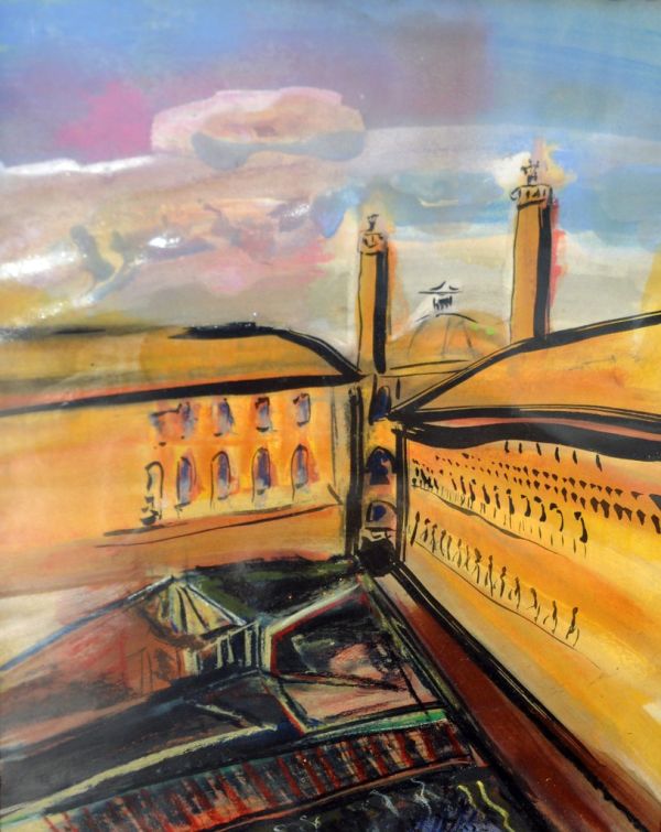 Italian scene, Ink, watercolor, oil crayon, painting, detail, architecture, Karl Krogstad, Ballard, Seattle, Washington, USA