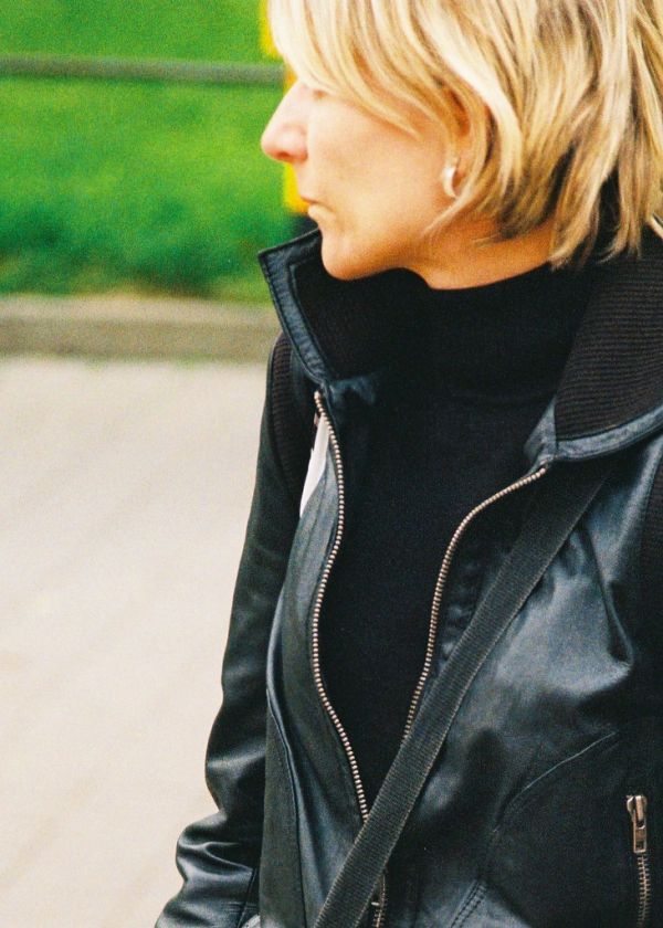 Kiev 4 + Jupiter-11 135/4 - Blonde Woman in Black Jacket