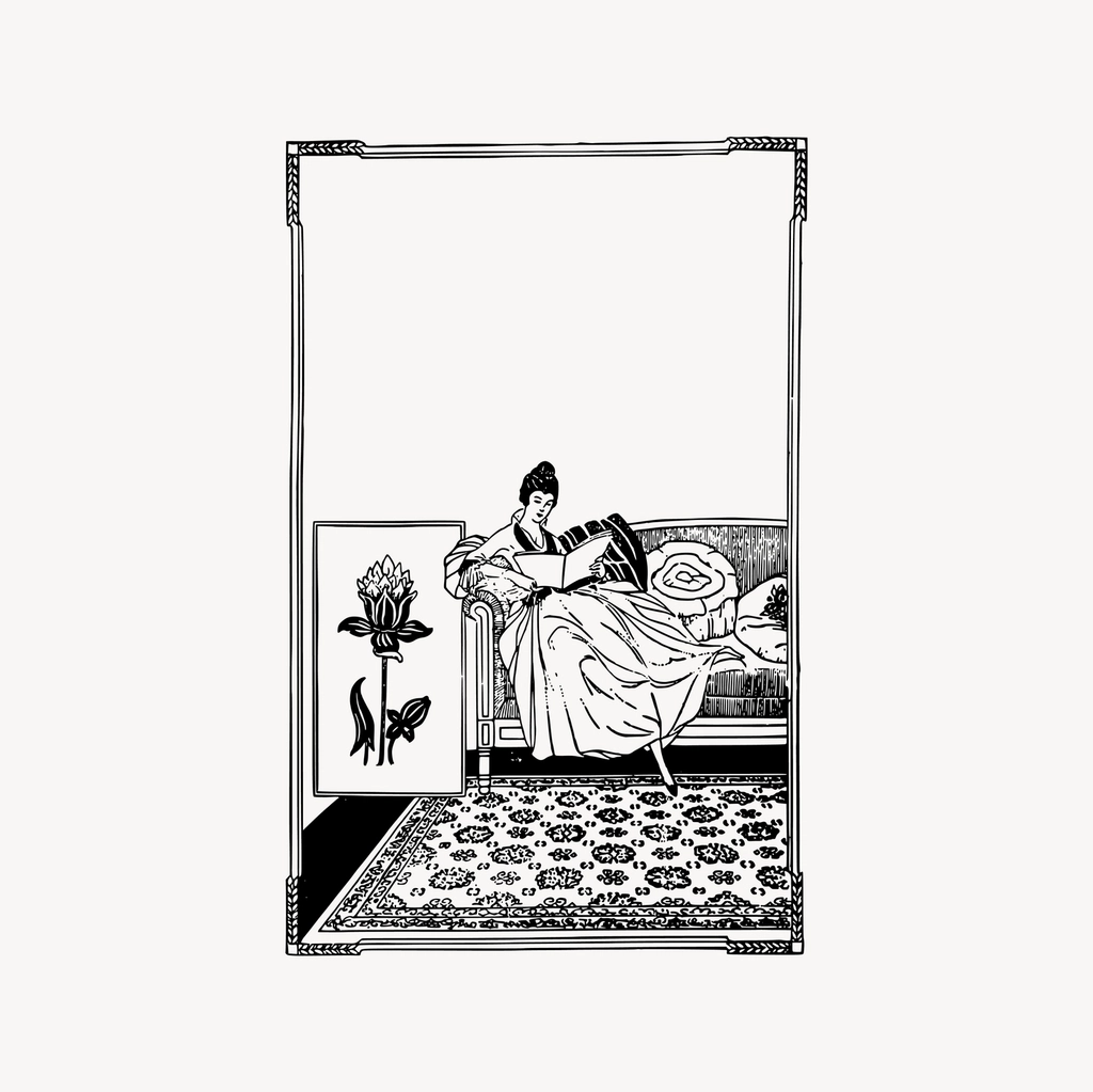 Lady reading frame clipart, drawing