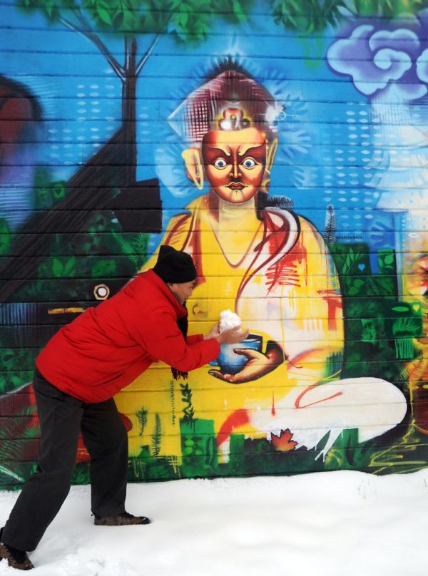 Lama Rabten Tshering offers Padmasambhava a dollop of fresh snow for his coffee, Guru Rinpoche wall mural, Lama Rabten is a Spiritual Director of Nalandabodhi Foundation (Vancouver BC Canada), Lama G'...