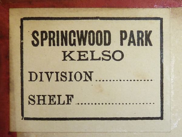Library label of Springwood Park, Kelso, Scotland