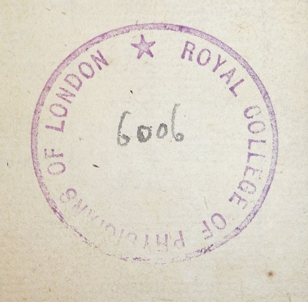 Library stamp (with ms. shelf-mark?) of the library of the Royal College of Physicians of London