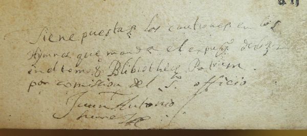 Ms. reference, signed Juan Antonio Leone, to Marguerin de la Bigne's Bibliothecae Patrum et Veterum Auctorum Ecclesiasticorum, published in 8 volumes in Paris in 1575