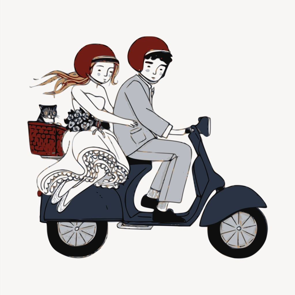 Newlywed riding scooter clipart, transportation