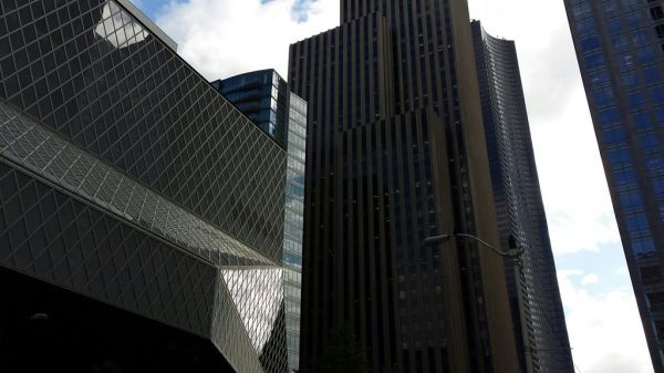No bad photos are possible of the downtown library building, towers, unique architecture, Seattle, Washington, USA