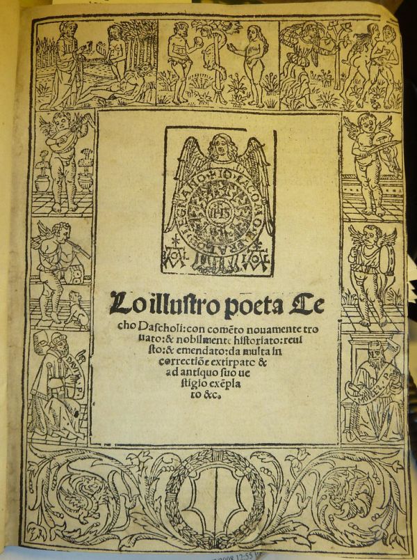 Ornamental woodcut border with images of biblical scenes (Adam and Eve's creation, Temptation and Fall from Paradise), angels, David and Moses