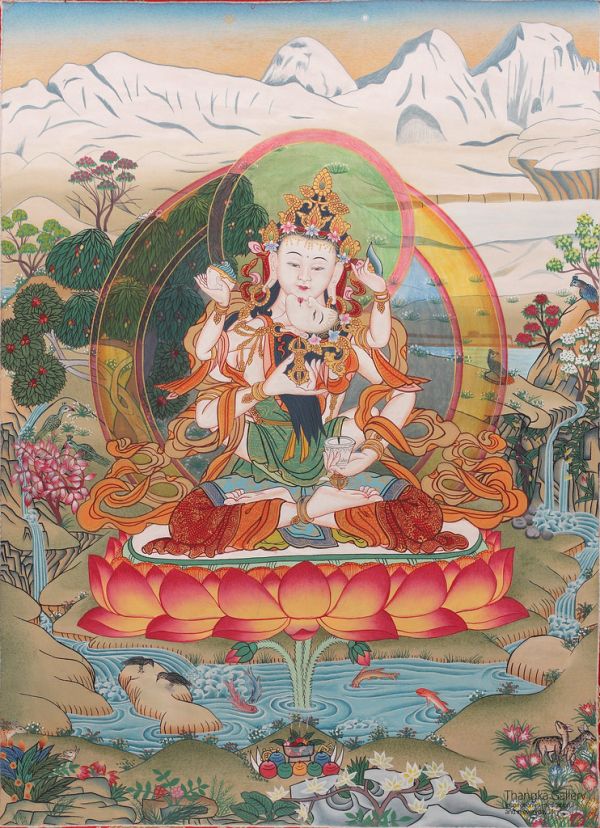Padam-lama Vajrasattva Heruka, Dorje Sempa with Vajragarvi (consort), seated in union, dorje and bell, chopper and skullcup, yab-yum, water, wish fulfilling jewels, on a lotus, Tibetan Buddhist yidam,...