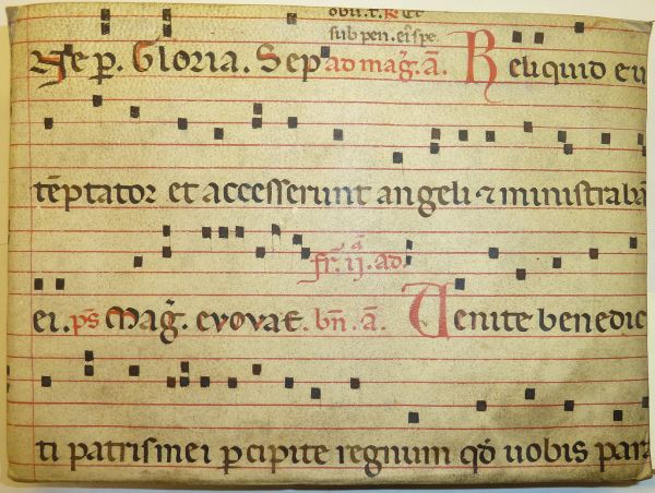 Parchment leaf from a liturgical music ms. (probably an antiphonary) used as binder's waste