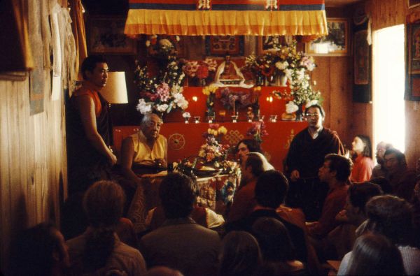 Pema Wangyal Rinpoche, HH Dilgo Khyentse Rinpoche, HH Dagchen Sakya Rinpoche, traditional Tibetan Buddhist shrine, Buddha at top center, Tour of HH Dilgo Khyentse Rinpoche at Sakya, students, Ward St...