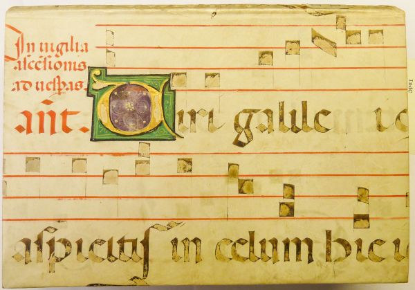 Portion of a parchment leaf from a liturgical ms., probably an antiphonary, containing text and music for the first words of the antiphon for the first psalm sung at vespers on the vigil of the solemn...