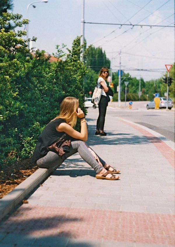 Praktica MTL 5 + Helios 44-2 2/58 - Bus Stop Scene with a Girl on the Phone