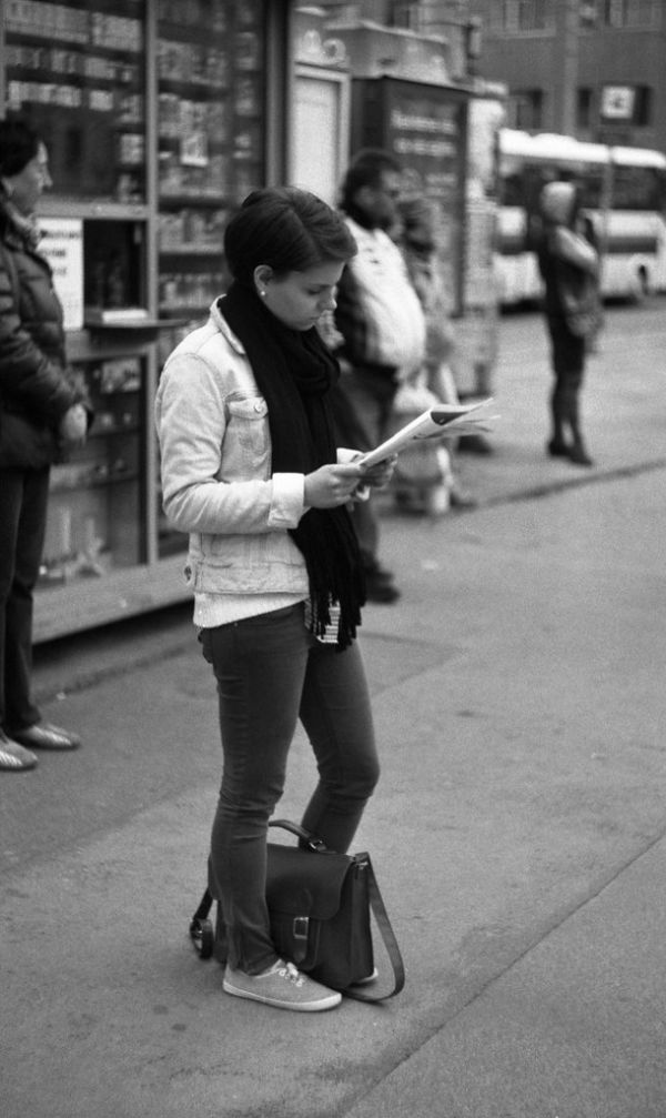 Praktica MTL 5 + Helios 44-2 2/58 - Woman Reading a Mag at Tram Stop