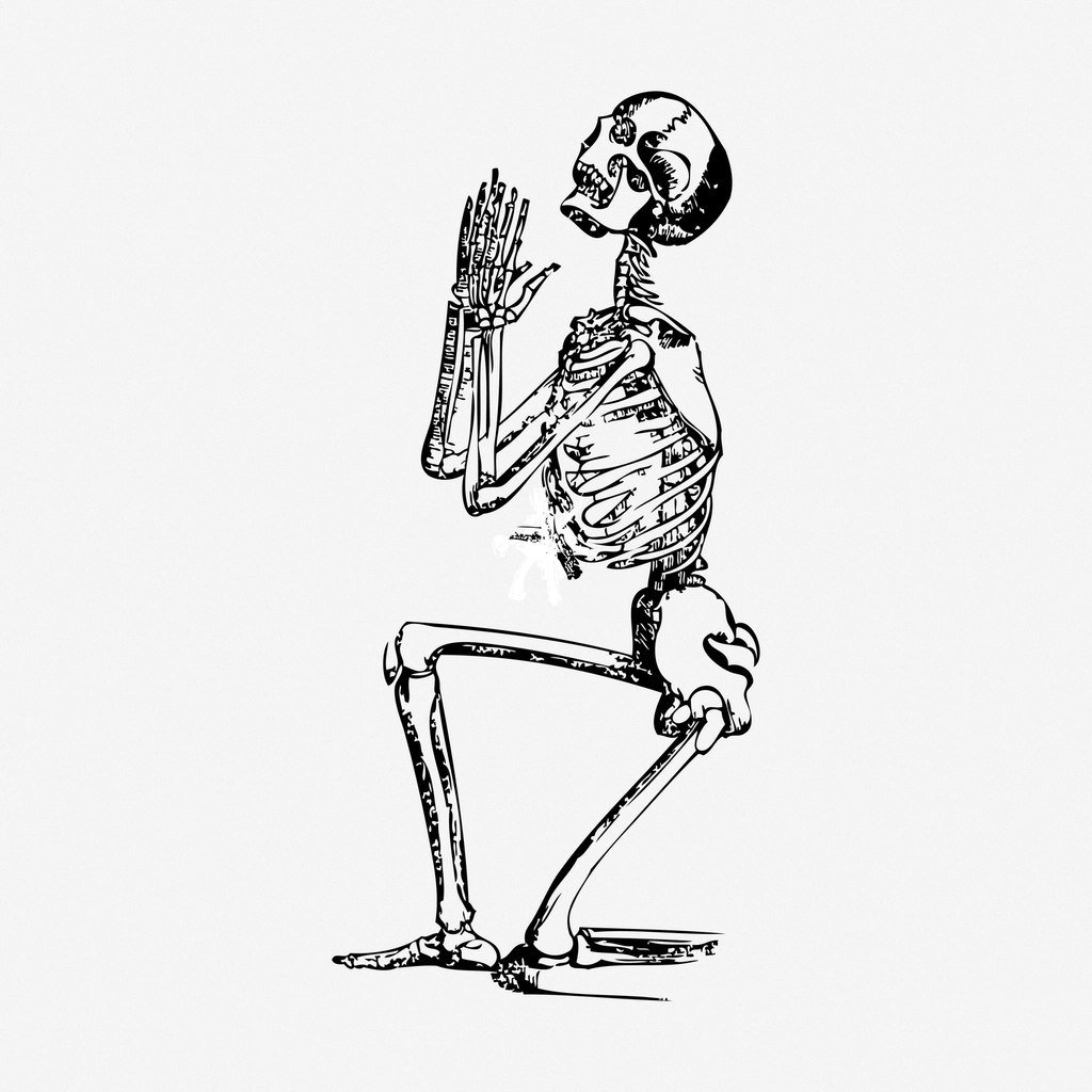 Praying skeleton hand drawn illustration