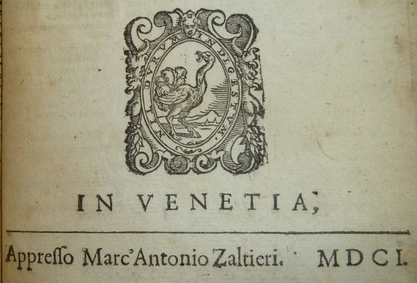 Printer's device of Marco Antonio Zaltieri depicting an ostrich
