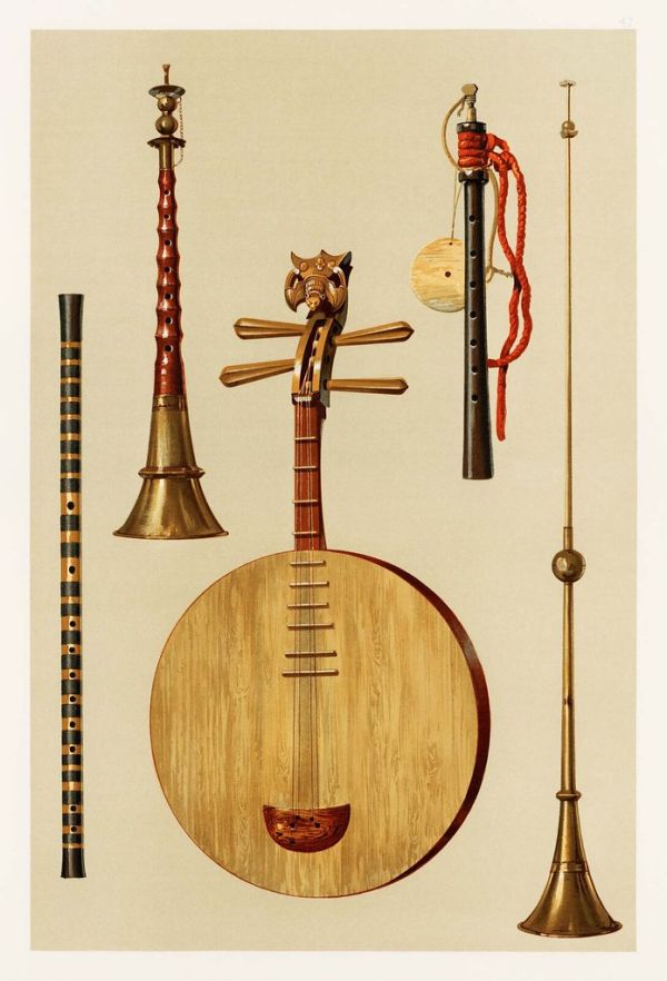 Saimisen, Kokiu and Biwa (1888) by William Gibb (1839-1929), a chromolithograph of a traditional musical instruments. Digitally enhanced from our own original plate.