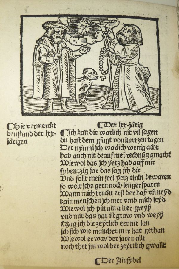 Seventh in a series of woodcut illustrations representing one of the ten ages of human life. Used by Hans Schobser of Munich