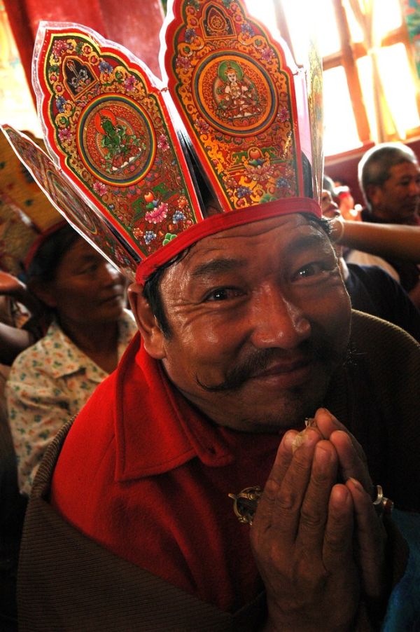 The Empowered; Happiness is wearing the 5 Dhyani Buddhas Crown and Holding a Flower and Dorje (vajra), Initiate, Highest Yoga Tantra initiation, Hevajra, Tharlam Monastery of Tibetan Buddhism, Boudha,...