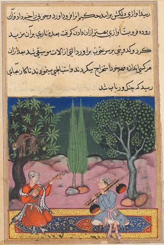 The invention of musical instruments from the intestines of a monkey, from a Tuti-nama (Tales of a Parrot): Fourteenth Night c. 1560