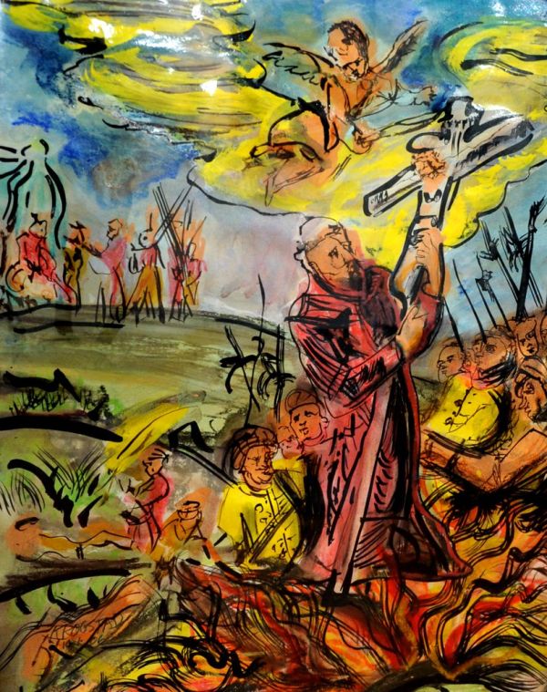 The Temptation of Saint Anthony, cross, angel, figures, painting on paper, ink, watercolor, Karl Krogstad (1948 - Oct 27, 2019), gallery, Ballard, Seattle, Washington, USA