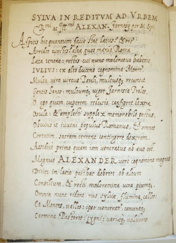 Thirty-two line Latin poem in manuscript addressed to Cardinal Alessandro Farnese