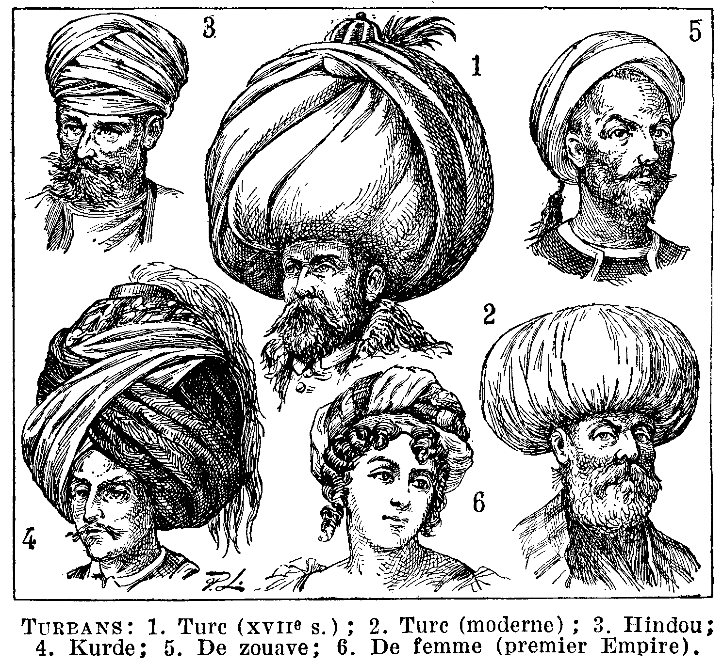 Turbans. Book illustration (encyclopedia plate line art) Larousse du XXème siècle 1932