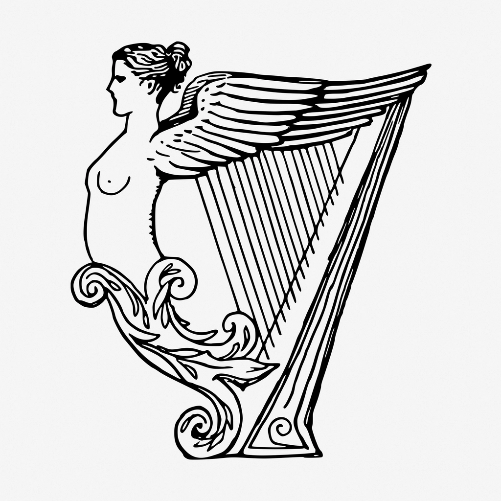 Vintage angel harp hand drawn